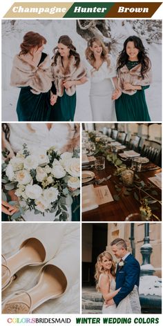 the bride and grooms are posing for pictures in their winter wedding colors palettes