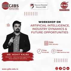 An enlightening workshop on "Artificial Intelligence, Industry Dynamics & Future Opportunities" with Mr. Mohit Kalra, Director - Service Management at Atos Global IT Solutions. 🤖✨ 🗓 Date: 20th January, 2024 ⏰ Time: 10:00 AM 📍 Venue: GIBS Seminar Hall 🔗 https://www.gibs.edu.in/ire-talks Insights from an industry expert on how AI is reshaping the business world. Learn about the dynamic changes in various industries and the plethora of opportunities that AI brings for the future. Seminar Hall, Corporate Coaching, Service Management, Inspirational Speaker, Business Studies, It Solutions, January 2024, Motivational Speaker, Business School