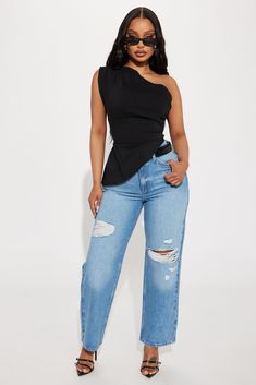 Available In Black. Knit Top One Shoulder Sleeve Asymmetrical Ruched Detail Stretch 95% Polyester 5% Spandex Imported | In My Moment One Shoulder Top in Black size 1X by Fashion Nova One Arm Top Outfit, One Shoulder Top Outfit, Asymmetrical Top Outfit, Shoulder Tops Outfit, Black Knit Top, One Shoulder Top, One Shoulder Tops, Black Knit, Shoulder Sleeve