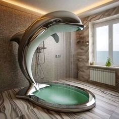 a bathroom with a large bathtub in the shape of a dolphin