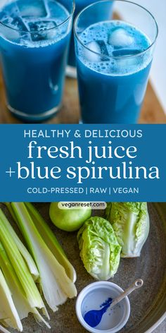 fresh juice and blue sprouts on a plate next to two glasses with ice