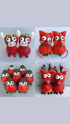 four pictures of strawberries with eyes and noses