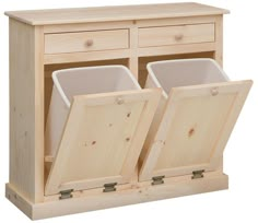 an unfinished wooden cabinet with two bins