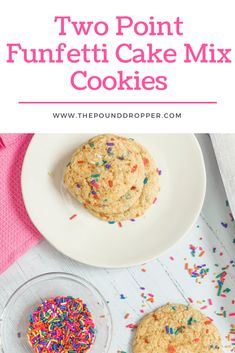 two cookies with sprinkles on top and the words two point funfetti cake mix cookies