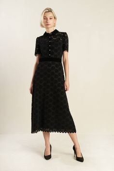 A woven lace midi dress featuring shirt collar, bodice button down detail, short sleeve and back zipper closure Details: Self: 95% Nylon 5% SpandexContrast : 100% PolyesterLining : 100% Polyester Size & Fit - Model is 5`8" And Wearing Size Small- Measurements Taken From Size Small- Approx. Length: 50" Champagne Gold Dress, Black Formal Dress, Bachelorette Party Dress, Black Lace Midi Dress, Rehearsal Dinner Dresses, Black Dress Formal, Rehearsal Dress, Button Down Short Sleeve, Black Formal