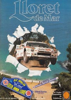 an advertisement for a rally car on the beach