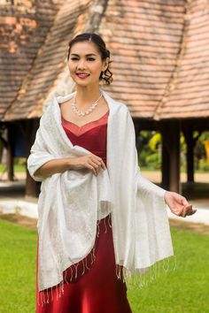 By Vinita in Thailand this generous shawl is woven of a seductive rayon and silk blend. Luscious brocade flowers appear in white on white. White Shawl, Viscose Dress, Silk Shawl, How To Dye Fabric, Neck Designs, Women Empowerment, Shawl, Bell Sleeve Top