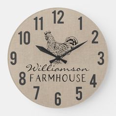 a clock with the words william and farmhouse written in black on it's face