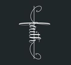 a white line drawing of a cross on a black background with the word faith written below it