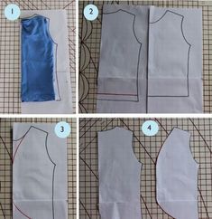 four pictures showing how to sew the top and bottom part of a dress with buttons