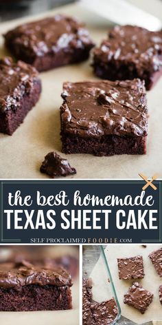 chocolate texas sheet cake cut into squares and placed on parchment paper with text overlay