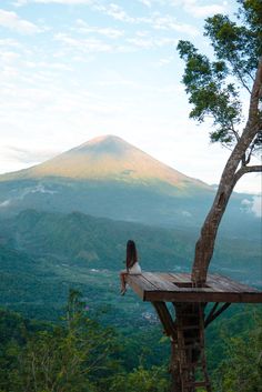 a woman sitting on top of a wooden platform next to a tree with a mountain in the background