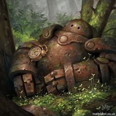 an image of a giant robot in the forest with trees and grass on it's side