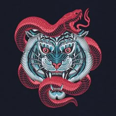 a red and blue tiger head with two snakes on it's face, against a black background