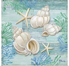 a painting of seashells and starfish on a blue wood planked floor