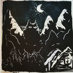 a black and white drawing of a mountain scene with a cat in the foreground