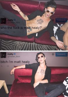 a man laying on top of a red couch next to another man with tattoos and sunglasses