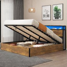 the bed frame is made from wood and has an adjustable pull out mechanism for storage