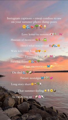 the words are written in different languages on rocks next to water and sunset with pink clouds