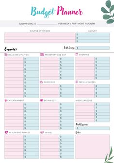 the printable budget planner is shown in pink and blue with leaves on top of it