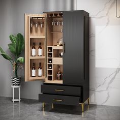 an open cabinet with wine glasses and bottles in it next to a potted plant