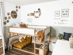 a child's room with a bunk bed and toys