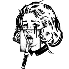 a black and white drawing of a woman holding a knife in her mouth with blood dripping from it