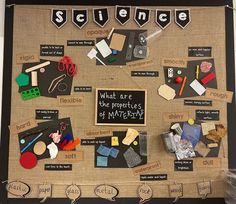 a bulletin board with words, pictures and magnets on it that read science what are the properties of materials?