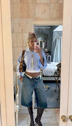 Denim Jorts Outfit, Girl Jorts Outfit, Shirt Over Dress Outfit, Outfit Inspo Women, Fashion Week Outfit Ideas, Maximalist Outfit, Maximalist Outfits, Maximalist Jewelry, Jorts Outfit