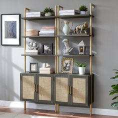 a living room with a book shelf filled with books and pictures on top of it