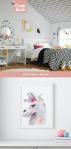 Give the walls of your girl’s bedroom a touch of personality with our collection of kids wall decor. With wall art, decals, mirrors and more, it’s enough to make the floor a little jealous. Girls Bedroom Wall Color, Girls Bedroom Paint Colors, Bedroom Wall Paint Colors, Pink Painted Walls, Girls Bedroom Paint, Geometric Wall Paint, Unicorn Wall Art Girl Rooms, Unicorn Themed Bedroom Artwork