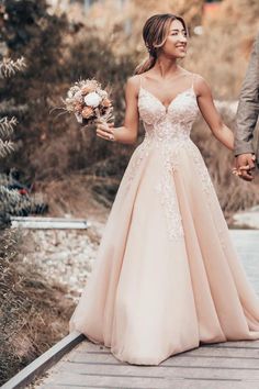 A-Line Spaghetti-Straps Long Wedding Dress With Tulle Lace Wedding Dress With Tulle, Blush Wedding Gown, Blush Pink Wedding Dress, Spaghetti Strap Wedding Dress, Modern Bridesmaid, Dreamy Wedding Dress, Lace Applique Wedding Dress, Dress With Tulle, Wedding Dress Champagne