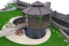 a gazebo sitting on top of a lush green field next to a stone wall