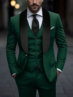 Conjunto de chaqueta y pantalones de traje de una sola hilera de manga larga con cuello de cebada para hombre Verde Trabajo    Color combinado,A rayas  No-Elástico  Men Clothing, size features are:Bust: ,Length: ,Sleeve Length: Emerald Suit Groom, Black And Emerald Suit Men, Best Man Outfit Wedding, Emerald Green Suits For Men, Big And Tall Suits For Men, Mens Lifestyle Fashion, Mens Tux, Green Suit Men, Suit For Men Wedding