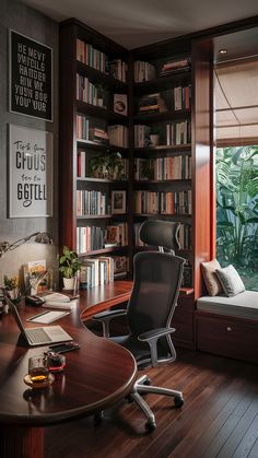 an office with a desk, chair and bookshelf full of books in front of a window