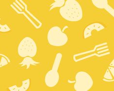 a yellow background with different types of food and utensils