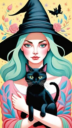 a painting of a woman holding a black cat in her arms and wearing a witches hat