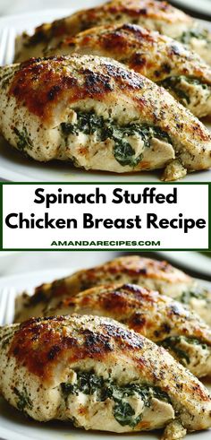 spinach stuffed chicken breast recipe on a white plate