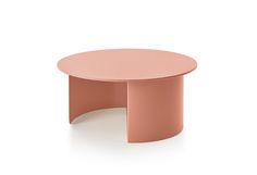 a pink table with an oval shape on the top and bottom, in front of a white background