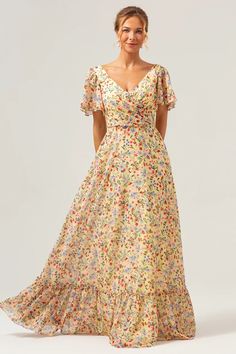 Wedtrend Women Yellow Flower Printed Bridesmaid Dress with Short Sleeves A-Line Chiffon V-Neck Wedding Guest Dress – WEDTREND Yellow Homecoming Dresses, Orange Homecoming Dresses, Printed Bridesmaid Dresses, Purple Homecoming Dress, Lovely Partner, Green Homecoming Dresses, Black Homecoming Dress, Yellow Bridesmaid Dresses, Prom Dresses Long Mermaid