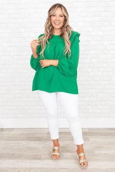 Make lasting memories while wearing this beauty! This top has a bold green color with ruffles along the sleeves that are so sweet! The flowy, classy fit is great for the office or even a date night! Style this top with some cute pants or skinnies for a sassy chic look! 100% Polyester Chic Green Ruffled Blouse, Green Ruffle Sleeve Top For Spring, Green Ruffled Tops For Day Out, Chic Green Tops With Ruffle Sleeves, Casual Green Blouse With Ruffle Sleeves, Green Ruffle Sleeve Tops For Fall, Green Stretch Top With Ruffles, Chic Green Ruffled Tops, Chic Green Tops With Ruffles