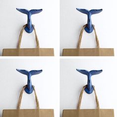 four images of a blue whale tail attached to a brown paper bag with twine