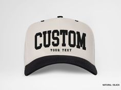 Create your own two tone embroidered snapback hat. Perfect for birthday trips, bachelor parties, school names, gifts and custom team hats. Bulk discounts available. Custom logos also available through ETSY messaging.  --Due to order volume, mockups are only sent by request and might slow down production time. Please feel free to message us with questions or updates.-- How to Order: 1.Enter your custom main text and an optional text below. Example: Main Text-Coffee. Optional Text- Lover 2. Send us a color you'd like for the Varsity Font thread and we will do our best to match it. 3. For any additional logos, pictures or font changes, send us an Etsy Message. This structured, high-profile 5 Panel Trucker Cap is the perfect choice for sunny days.  It can also serve as a stylish accessory for School Names, Varsity Font, Custom Embroidered Hats, Bachelor Parties, Hat Custom, Embroidered Hat, Embroidered Hats, Hat Making, Snapback Hat