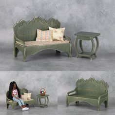 the doll is sitting on the green couch next to the little table and two chairs