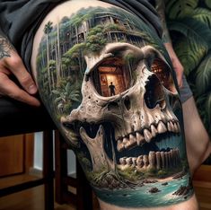 a man's thigh with a skull and house in the forest tattoo on it