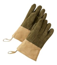 two brown gloves are sitting on top of each other, one has a corded wrist