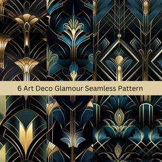 art deco glamour seamless pattern in blue, gold and black with the text 6 art deco glamour seamless pattern