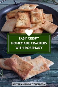 homemade crackers with rosemary on the side and text overlay that reads easy crispy homemade crackers with rosemary