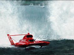 a red boat in the water with a large wave behind it