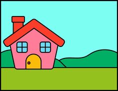 a pink house sitting on top of a lush green field under a blue sky with mountains in the background